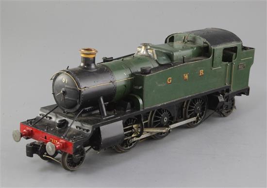 A Gauge 1 GWR 6000 class 2-6-2 tank engine in green livery, 3 rail skate pick up, No 6117